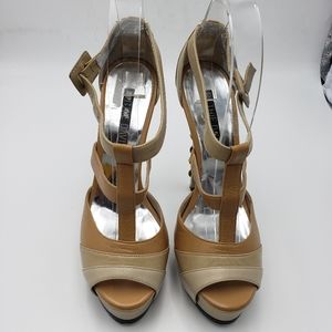 RUTHIE DAVIS creme & tan T strap peep toe platform heels women's 38